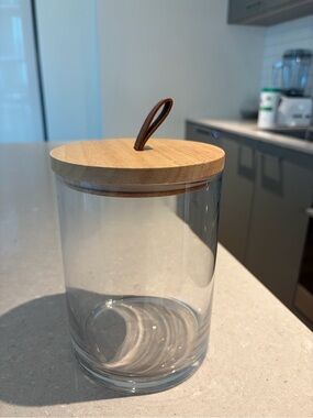 Crate&Barrel Clear Glass Storage Jar with Wood Lid and Brown Leather Loop